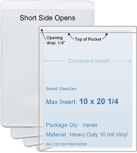 ChanCam vinyl sleeve, open short side, insert size: 10 x 20 1/4, product size: 10 1/4 x 20 1/2, heavy duty 10 mil clear vinyl