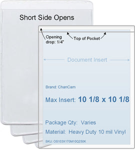 ChanCam vinyl sleeve, open short side, insert size: 10 1/8 x 10 1/8, product size: 10 3/8 x 10 3/8, package quantity 100, heavy duty 10 mil clear vinyl