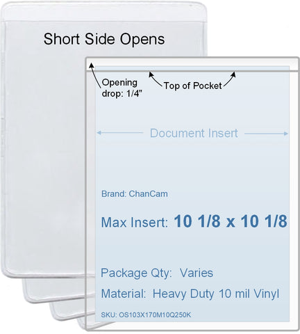 ChanCam vinyl sleeve, open short side, insert size: 10 1/8 x 10 1/8, product size: 10 3/8 x 10 3/8, package quantity 100, heavy duty 10 mil clear vinyl