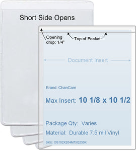 ChanCam vinyl sleeve, open short side, insert size: 10 1/8 x 10 1/2, product size: 10 3/8 x 10 3/4, package quantity 100, 7.5 mil clear vinyl