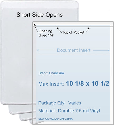 ChanCam vinyl sleeve, open short side, insert size: 10 1/8 x 10 1/2, product size: 10 3/8 x 10 3/4, package quantity 100, 7.5 mil clear vinyl