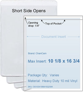 ChanCam vinyl sleeve, open short side, insert size: 10 1/8 x 16 3/4, product size: 10 3/8 x 17, package quantity 100, heavy duty 10 mil clear vinyl