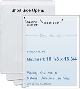 ChanCam vinyl sleeve, open short side, insert size: 10 1/8 x 16 3/4, product size: 10 3/8 x 17, package quantity 100, 7.5 mil clear vinyl