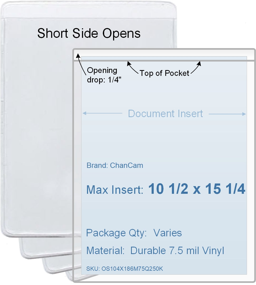 ChanCam vinyl sleeve, open short side, insert size: 10 1/2 x 15 1/4, product size: 10 3/4 x 15 1/2, package quantity 100, 7.5 mil clear vinyl