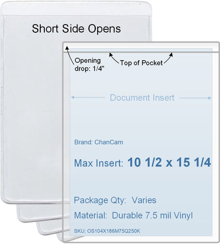 ChanCam vinyl sleeve, open short side, insert size: 10 1/2 x 15 1/4, product size: 10 3/4 x 15 1/2, package quantity 100, 7.5 mil clear vinyl