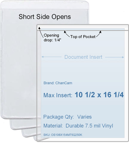 ChanCam vinyl sleeve, open short side, insert size: 10 1/2 x 16 1/4, product size: 10 3/4 x 16 1/2, package quantity 100, 7.5 mil clear vinyl