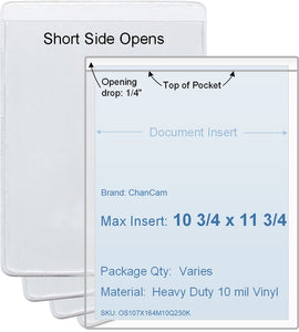 ChanCam vinyl sleeve, open short side, insert size: 10 3/4 x 11 3/4, product size: 11 x 12, package quantity 100, heavy duty 10 mil clear vinyl