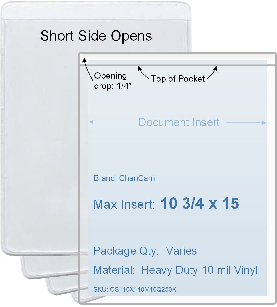 ChanCam vinyl sleeve, open short side, insert size: 10 3/4 x 15, product size: 11 x 15 1/4, heavy duty 10 mil clear vinyl