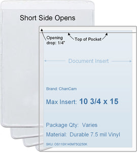 ChanCam vinyl sleeve, open short side, insert size: 10 3/4 x 15, product size: 11 x 15 1/4, package quantity 250, 7.5 mil clear vinyl