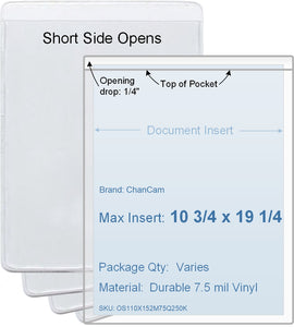 ChanCam vinyl sleeve, open short side, insert size: 10 3/4 x 19 1/4, product size: 11 x 19 1/2, package quantity 100, 7.5 mil clear vinyl