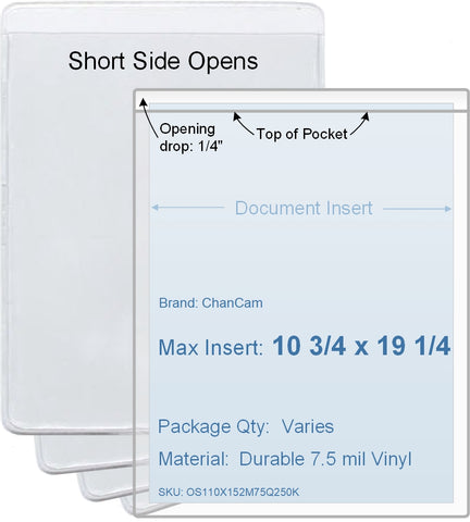 ChanCam vinyl sleeve, open short side, insert size: 10 3/4 x 19 1/4, product size: 11 x 19 1/2, package quantity 100, 7.5 mil clear vinyl