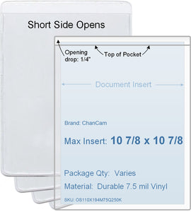 ChanCam vinyl sleeve, open short side, insert size: 10 7/8 x 10 7/8, product size: 11 1/8 x 11 1/8, package quantity 100, 7.5 mil clear vinyl