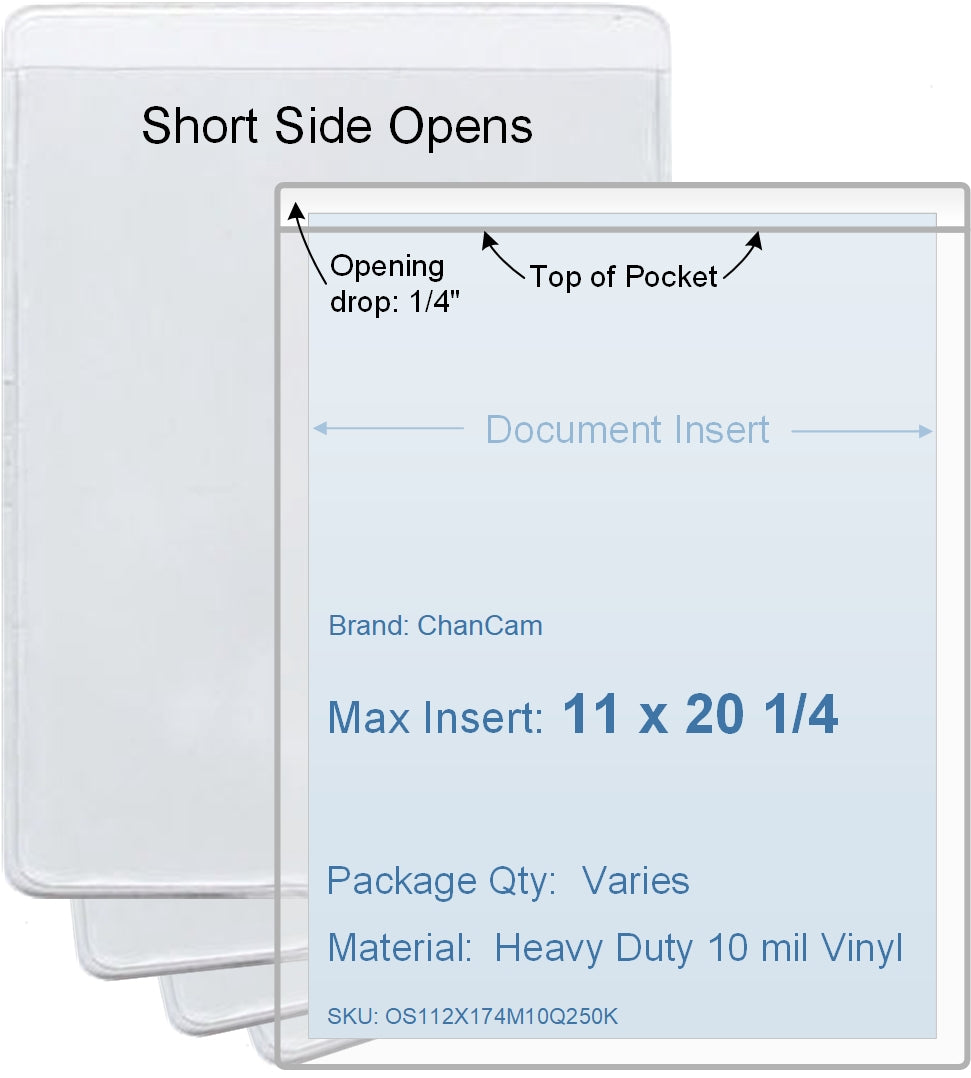 ChanCam vinyl sleeve, open short side, insert size: 11 x 20 1/4, product size: 11 1/4 x 20 1/2, heavy duty 10 mil clear vinyl