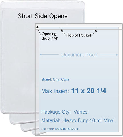 ChanCam vinyl sleeve, open short side, insert size: 11 x 20 1/4, product size: 11 1/4 x 20 1/2, heavy duty 10 mil clear vinyl