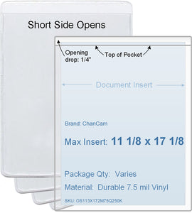 ChanCam vinyl sleeve, open short side, insert size: 11 1/8 x 17 1/8, product size: 11 3/8 x 17 3/8, 7.5 mil clear vinyl