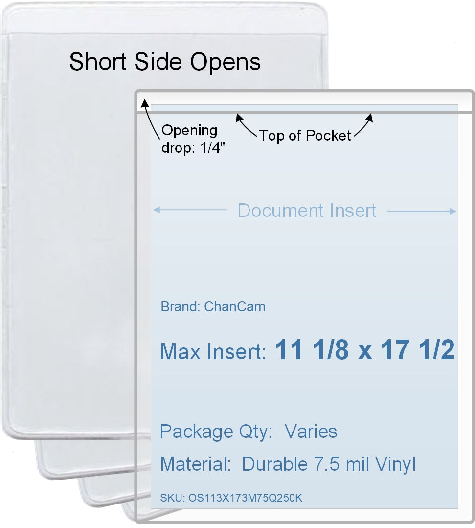 ChanCam vinyl sleeve, open short side, insert size: 11 1/8 x 17 1/2, product size: 11 3/8 x 17 3/4, package quantity 100, 7.5 mil clear vinyl