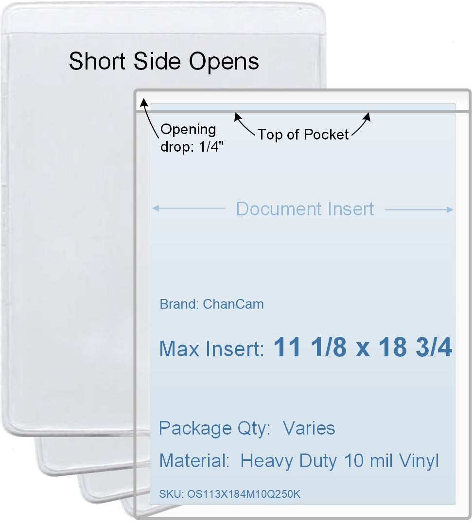 ChanCam vinyl sleeve, open short side, insert size: 11 1/8 x 18 3/4, product size: 11 3/8 x 19, package quantity 100, heavy duty 10 mil clear vinyl