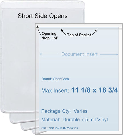 ChanCam vinyl sleeve, open short side, insert size: 11 1/8 x 18 3/4, product size: 11 3/8 x 19, package quantity 100, 7.5 mil clear vinyl