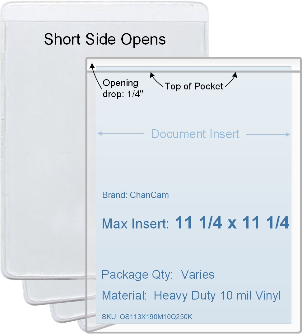 ChanCam vinyl sleeve, open short side, insert size: 11 1/4 x 11 1/4, product size: 11 1/2 x 11 1/2, package quantity 100, heavy duty 10 mil clear vinyl