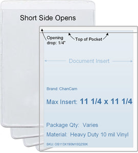 ChanCam vinyl sleeve, open short side, insert size: 11 1/4 x 11 1/4, product size: 11 1/2 x 11 1/2, package quantity 100, heavy duty 10 mil clear vinyl