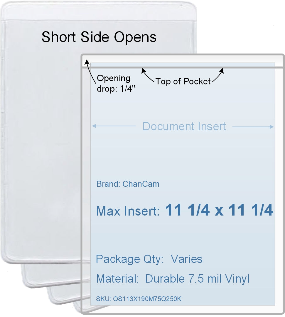 ChanCam vinyl sleeve, open short side, insert size: 11 1/4 x 11 1/4, product size: 11 1/2 x 11 1/2, package quantity 100, 7.5 mil clear vinyl