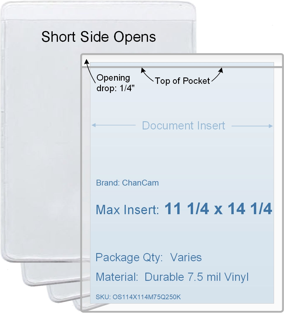 ChanCam vinyl sleeve, open short side, insert size: 11 1/4 x 14 1/4, product size: 11 1/2 x 14 1/2, package quantity 100, 7.5 mil clear vinyl