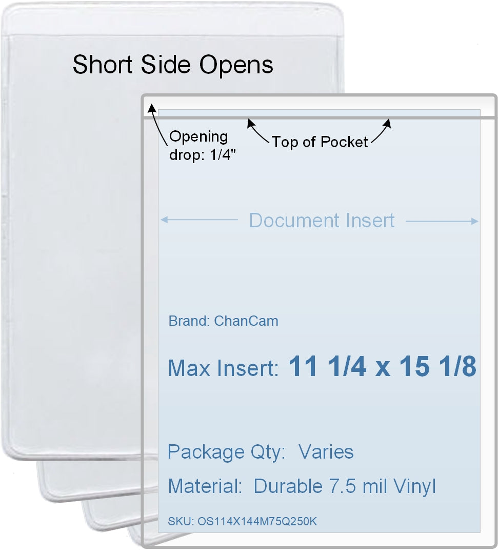 ChanCam vinyl sleeve, open short side, insert size: 11 1/4 x 15 1/8, product size: 11 1/2 x 15 3/8, package quantity 100, 7.5 mil clear vinyl