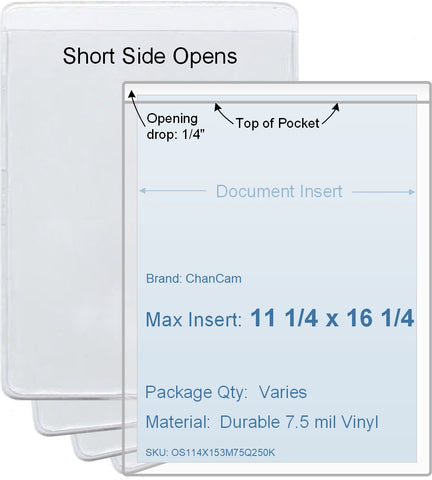 ChanCam vinyl sleeve, open short side, insert size: 11 1/4 x 16 1/4, product size: 11 1/2 x 16 1/2, package quantity 100, 7.5 mil clear vinyl