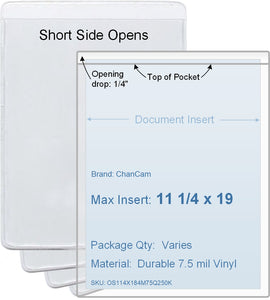 ChanCam vinyl sleeve, open short side, insert size: 11 1/4 x 19, product size: 11 1/2 x 19 1/4, package quantity 100, 7.5 mil clear vinyl