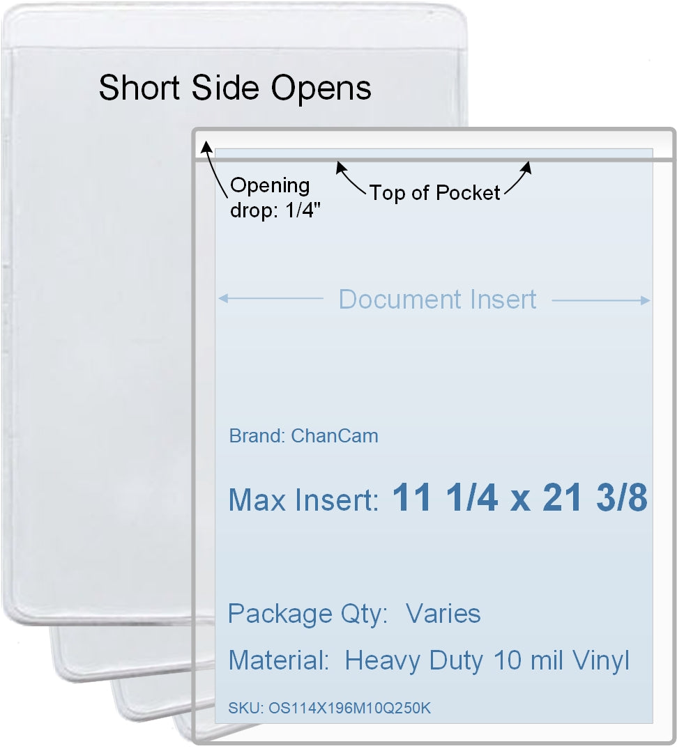 ChanCam vinyl sleeve, open short side, insert size: 11 1/4 x 21 3/8, product size: 11 1/2 x 21 5/8, package quantity 100, heavy duty 10 mil clear vinyl