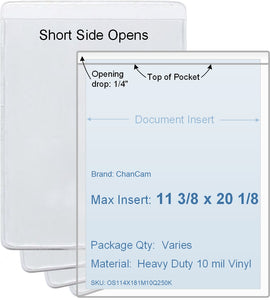 ChanCam vinyl sleeve, open short side, insert size: 11 3/8 x 20 1/8, product size: 11 5/8 x 20 3/8, package quantity 100, heavy duty 10 mil clear vinyl