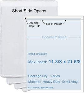 ChanCam vinyl sleeve, open short side, insert size: 11 3/8 x 21 5/8, product size: 11 5/8 x 21 7/8, package quantity 100, heavy duty 10 mil clear vinyl