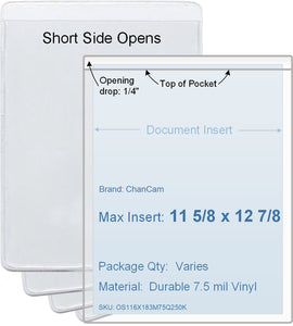 ChanCam vinyl sleeve, open short side, insert size: 11 5/8 x 12 7/8, product size: 11 7/8 x 13 1/8, package quantity 100, 7.5 mil clear vinyl