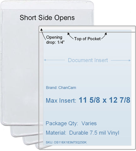 ChanCam vinyl sleeve, open short side, insert size: 11 5/8 x 12 7/8, product size: 11 7/8 x 13 1/8, package quantity 100, 7.5 mil clear vinyl