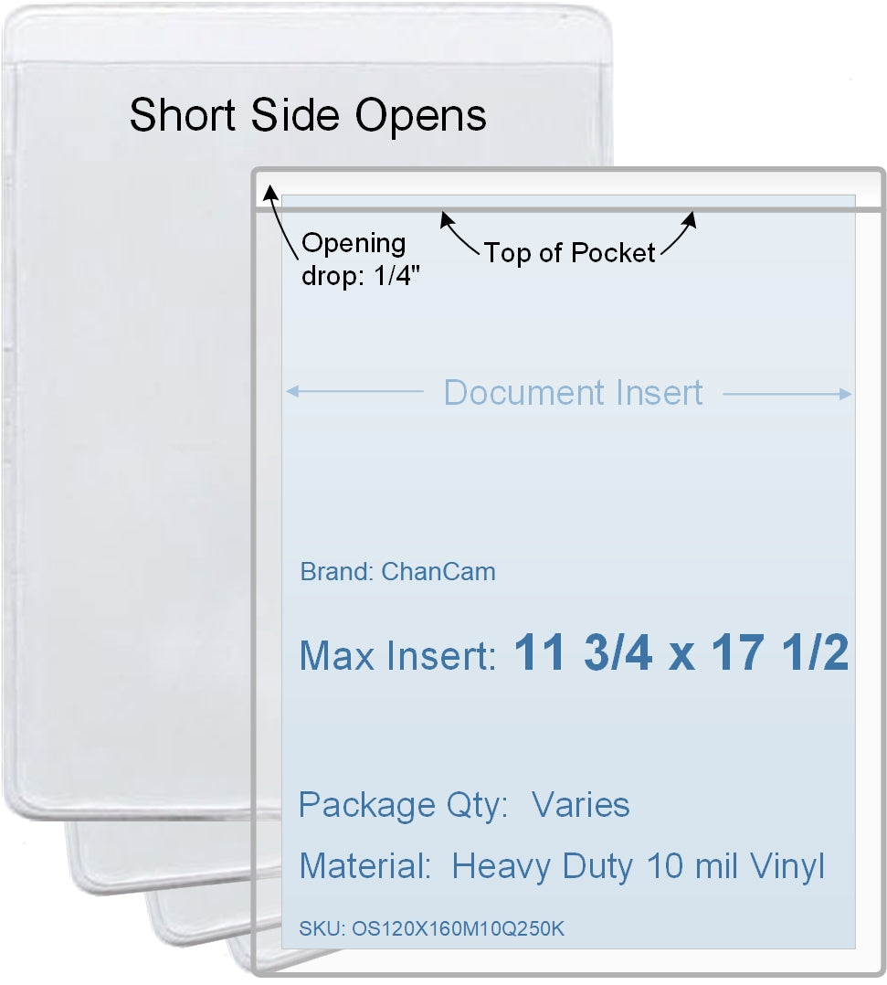 ChanCam vinyl sleeve, open short side, insert size: 11 3/4 x 17 1/2, product size: 12 x 17 3/4, heavy duty 10 mil clear vinyl