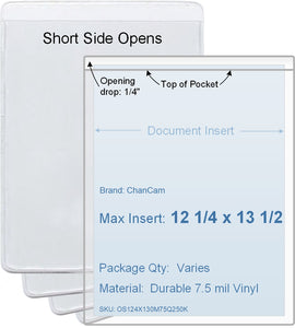 ChanCam vinyl sleeve, open short side, insert size: 12 1/4 x 13 1/2, product size: 12 1/2 x 13 3/4, package quantity 100, 7.5 mil clear vinyl