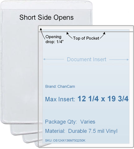 ChanCam vinyl sleeve, open short side, insert size: 12 1/4 x 19 3/4, product size: 12 1/2 x 20, package quantity 100, 7.5 mil clear vinyl