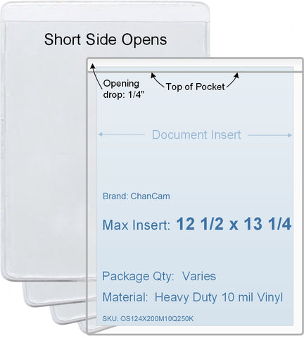 ChanCam vinyl sleeve, open short side, insert size: 12 1/2 x 13 1/4, product size: 12 3/4 x 13 1/2, package quantity 100, heavy duty 10 mil clear vinyl