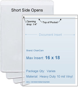 ChanCam vinyl sleeve, open short side, insert size: 16 x 18, product size: 16 1/4 x 18 1/4, package quantity 100, heavy duty 10 mil clear vinyl