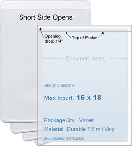 ChanCam vinyl sleeve, open short side, insert size: 16 x 18, product size: 16 1/4 x 18 1/4, package quantity 100, 7.5 mil clear vinyl