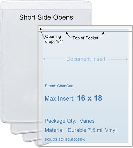 ChanCam vinyl sleeve, open short side, insert size: 16 x 18, product size: 16 1/4 x 18 1/4, package quantity 100, 7.5 mil clear vinyl