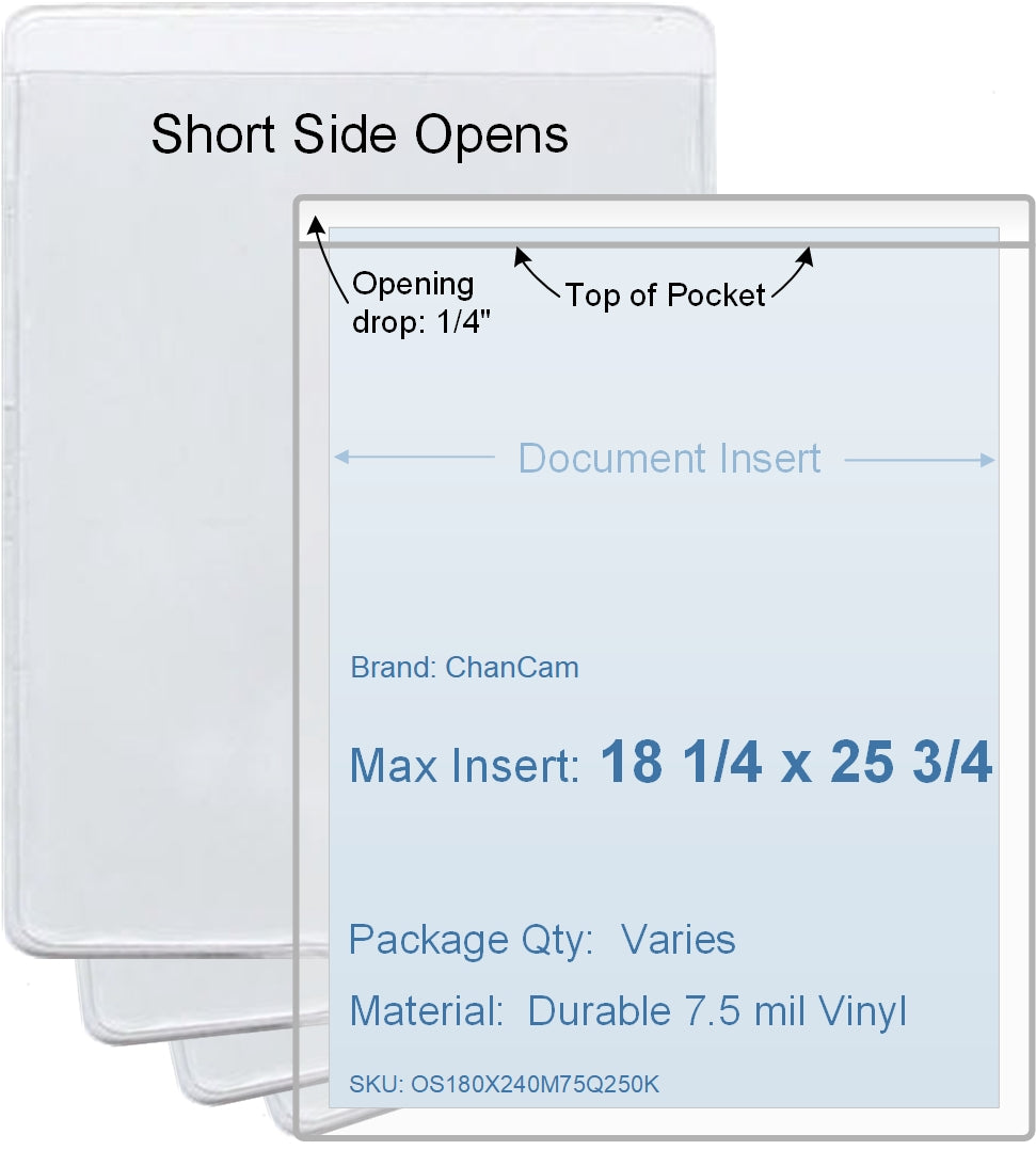 ChanCam vinyl sleeve, open short side, insert size: 18 1/4 x 25 3/4, product size: 18 1/2 x 26, package quantity 100, 7.5 mil clear vinyl