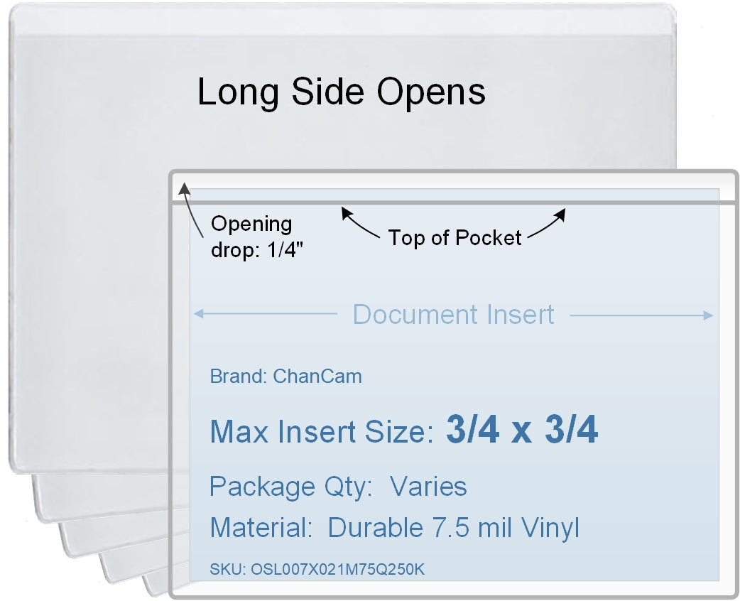 ChanCam vinyl sleeve, open long side, insert size: 3/4 x 3/4, product size: 1 x 1, package quantity 100, 7.5 mil clear vinyl