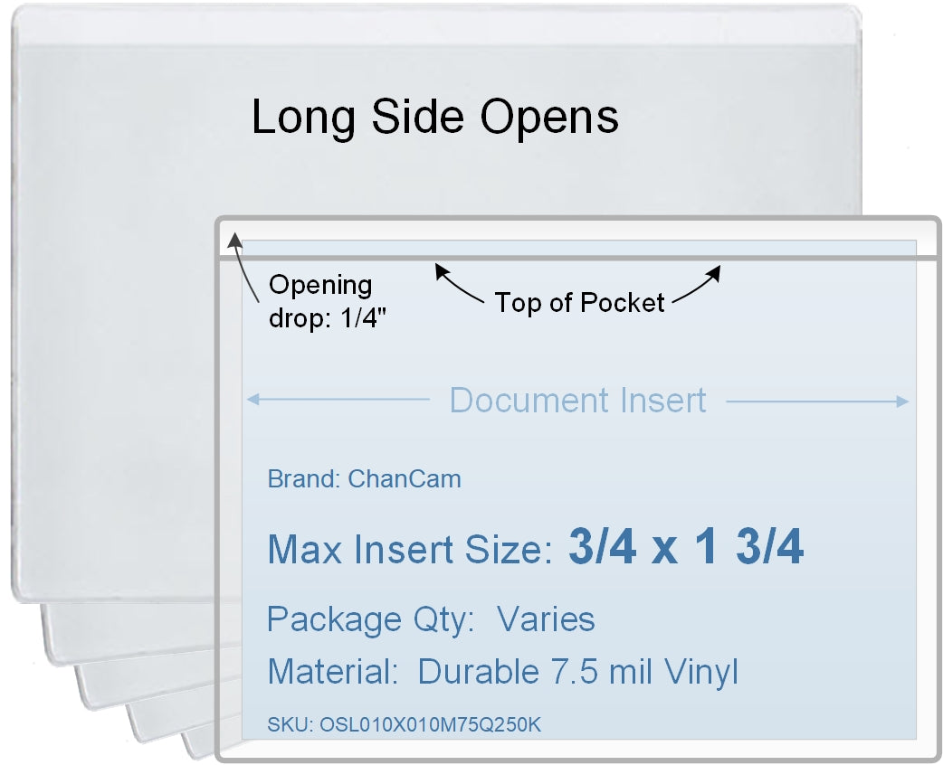 ChanCam vinyl sleeve, open long side, insert size: 1 3/4 x 3/4, product size: 2 x 1, package quantity 100, 7.5 mil clear vinyl