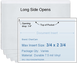 ChanCam vinyl sleeve, open long side, insert size: 2 3/4 x 3/4, product size: 3 x 1, package quantity 100, 7.5 mil clear vinyl