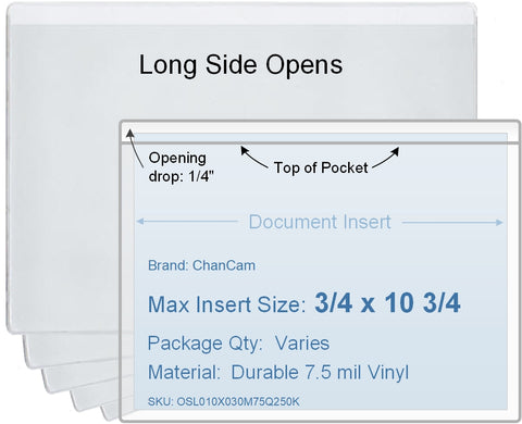 ChanCam vinyl sleeve, open long side, insert size: 10 3/4 x 3/4, product size: 11 x 1, package quantity 100, 7.5 mil clear vinyl