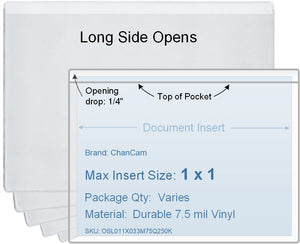 ChanCam vinyl sleeve, open long side, insert size: 1 x 1, product size: 1 1/4 x 1 1/4, package quantity 100, 7.5 mil clear vinyl