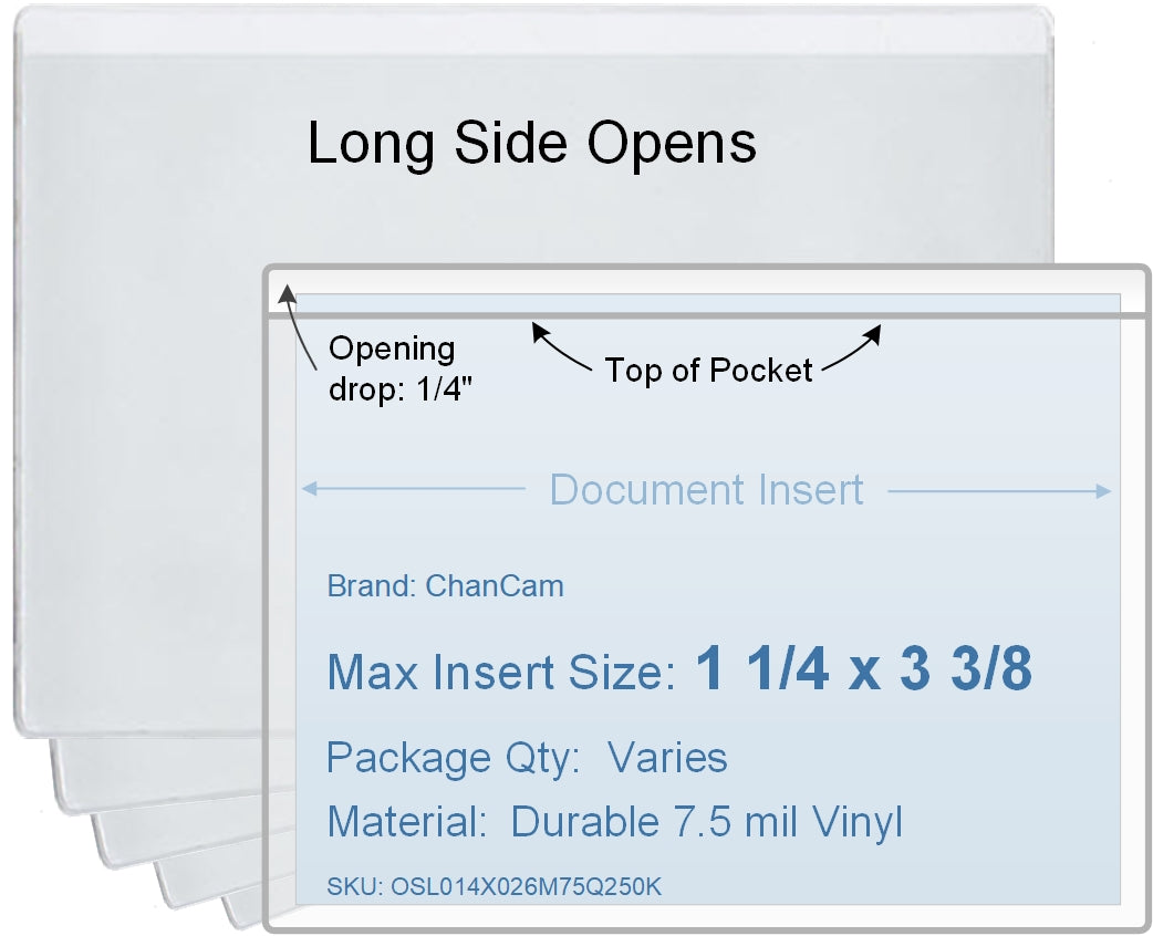 ChanCam vinyl sleeve, open long side, insert size: 3 3/8 x 1 1/4, product size: 3 5/8 x 1 1/2, package quantity 100, 7.5 mil clear vinyl