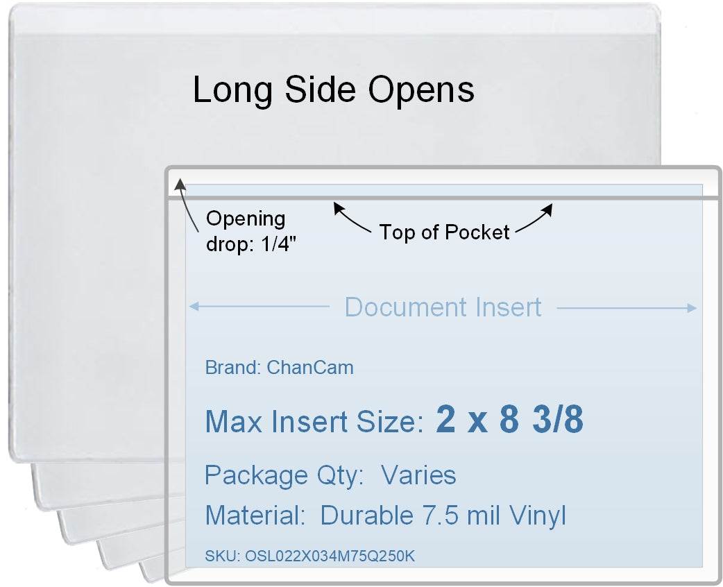 ChanCam vinyl sleeve, open long side, insert size: 8 3/8 x 2, product size: 8 5/8 x 2 1/4, package quantity 100, 7.5 mil clear vinyl