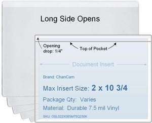 ChanCam vinyl sleeve, open long side, insert size: 10 3/4 x 2, product size: 11 x 2 1/4, package quantity 100, 7.5 mil clear vinyl